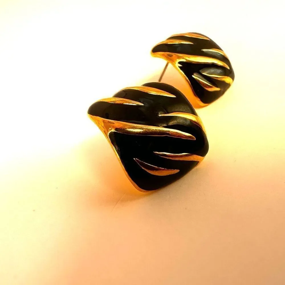 Gold tone and black square post earrings